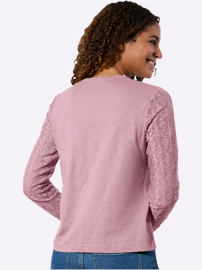 T-shirt à col V avec dentelle et manches longues - Taille standard - Witt Mauve - Kiabi