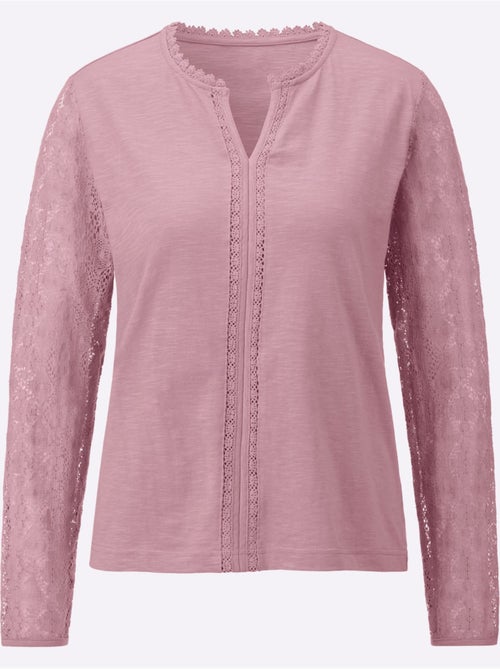 T-shirt à col V avec dentelle et manches longues - Taille standard - Witt - Kiabi