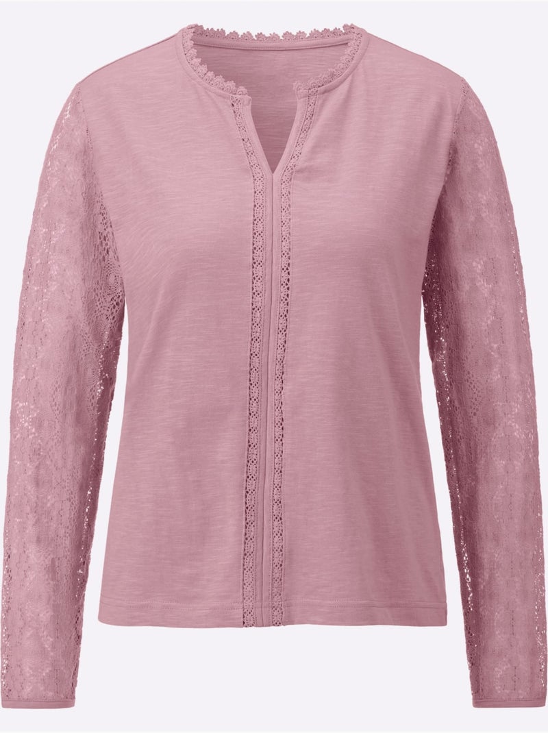 T-shirt à col V avec dentelle et manches longues - Taille standard - Witt Mauve - Kiabi