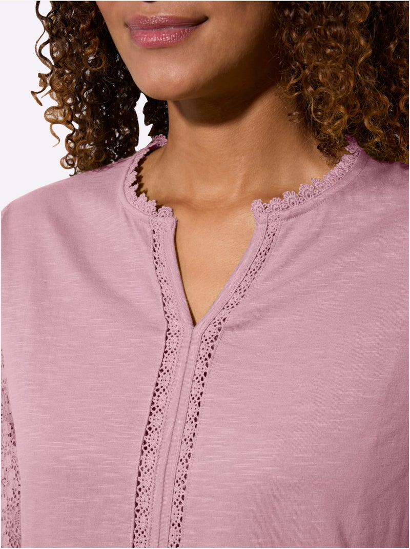 T-shirt à col V avec dentelle et manches longues - Taille standard - Witt Mauve - Kiabi