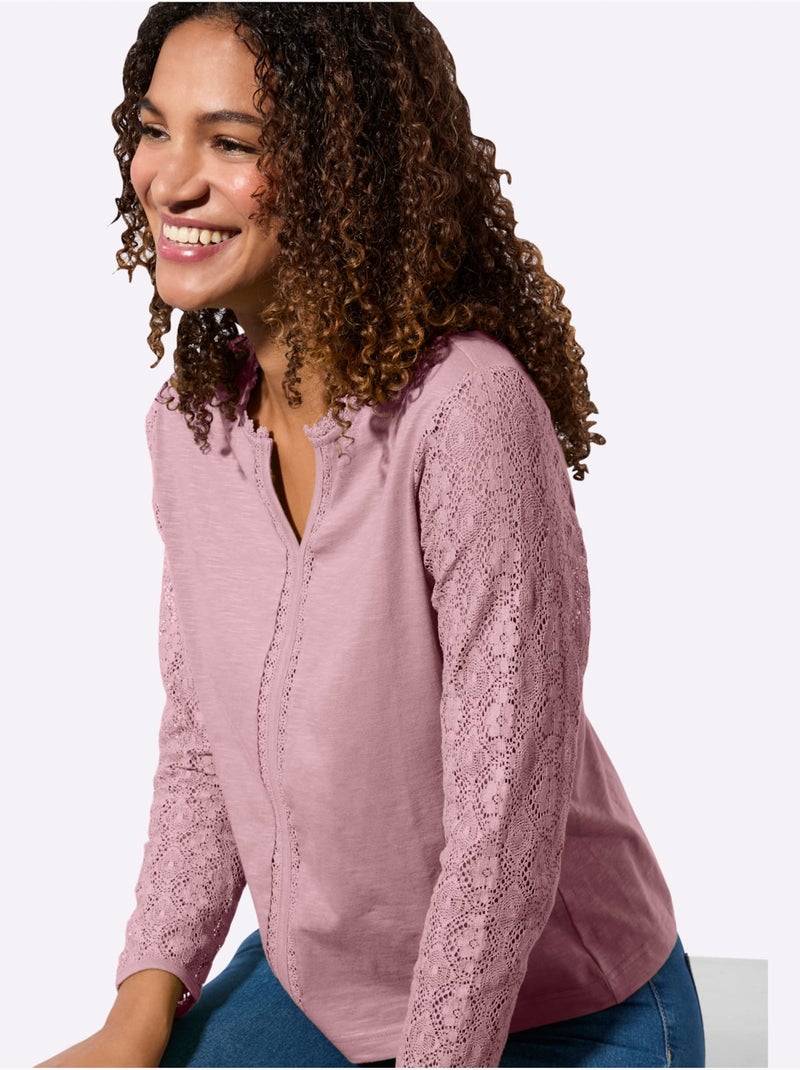 T-shirt à col V avec dentelle et manches longues - Taille standard - Witt Mauve - Kiabi