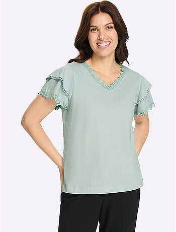 T-shirt à col V avec manches chauve-souris et dentelle - Taille standard - Moda Vilona