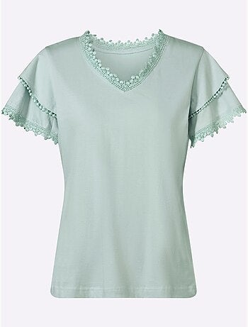 T-shirt à col V avec manches chauve-souris et dentelle - Taille standard - Moda Vilona