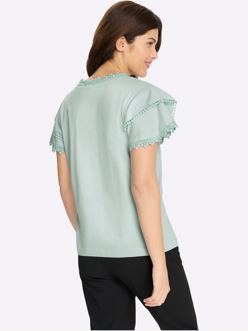T-shirt à col V avec manches chauve-souris et dentelle - Taille standard - Moda Vilona Menthe - Kiabi