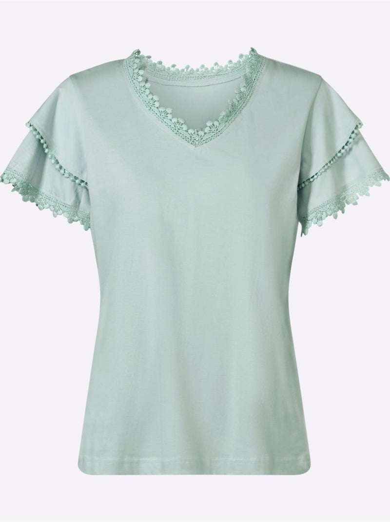 T-shirt à col V avec manches chauve-souris et dentelle - Taille standard - Moda Vilona Menthe - Kiabi