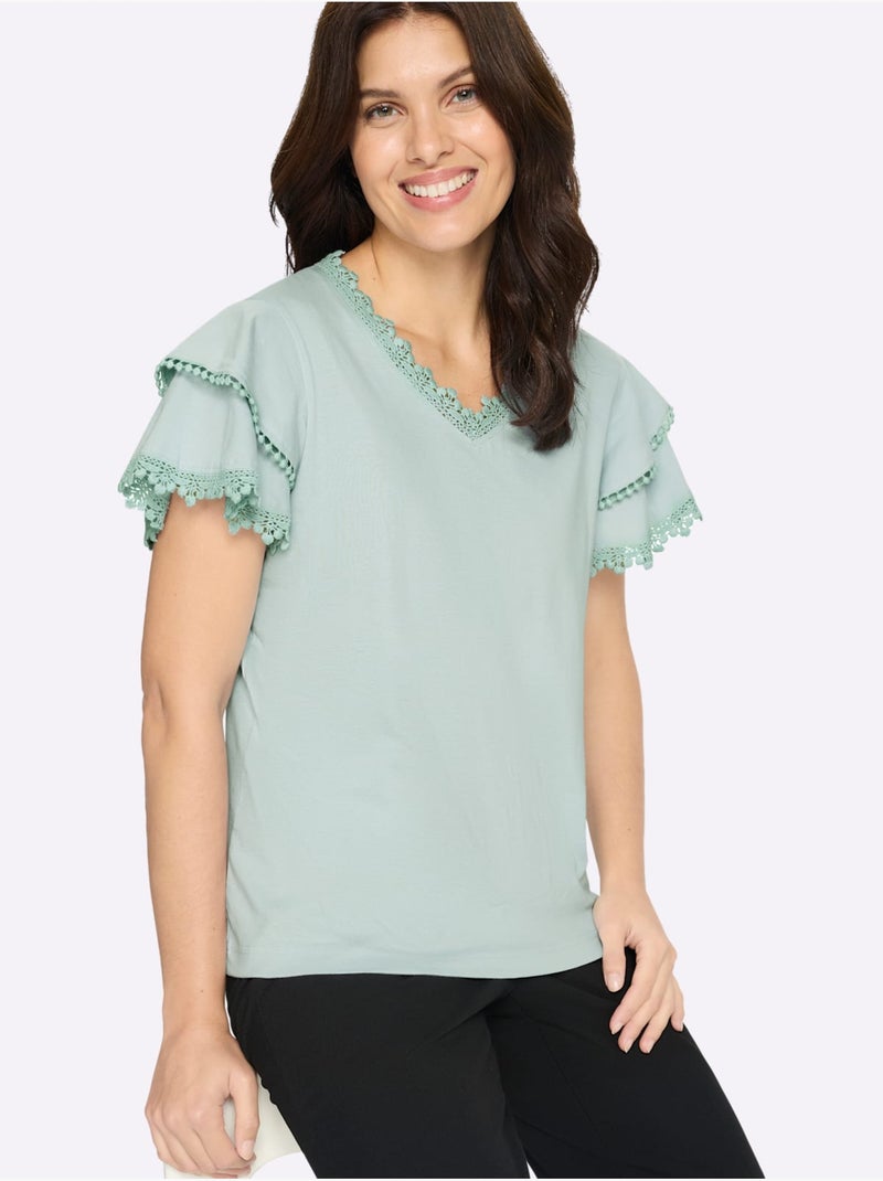 T-shirt à col V avec manches chauve-souris et dentelle - Taille standard - Moda Vilona Menthe - Kiabi
