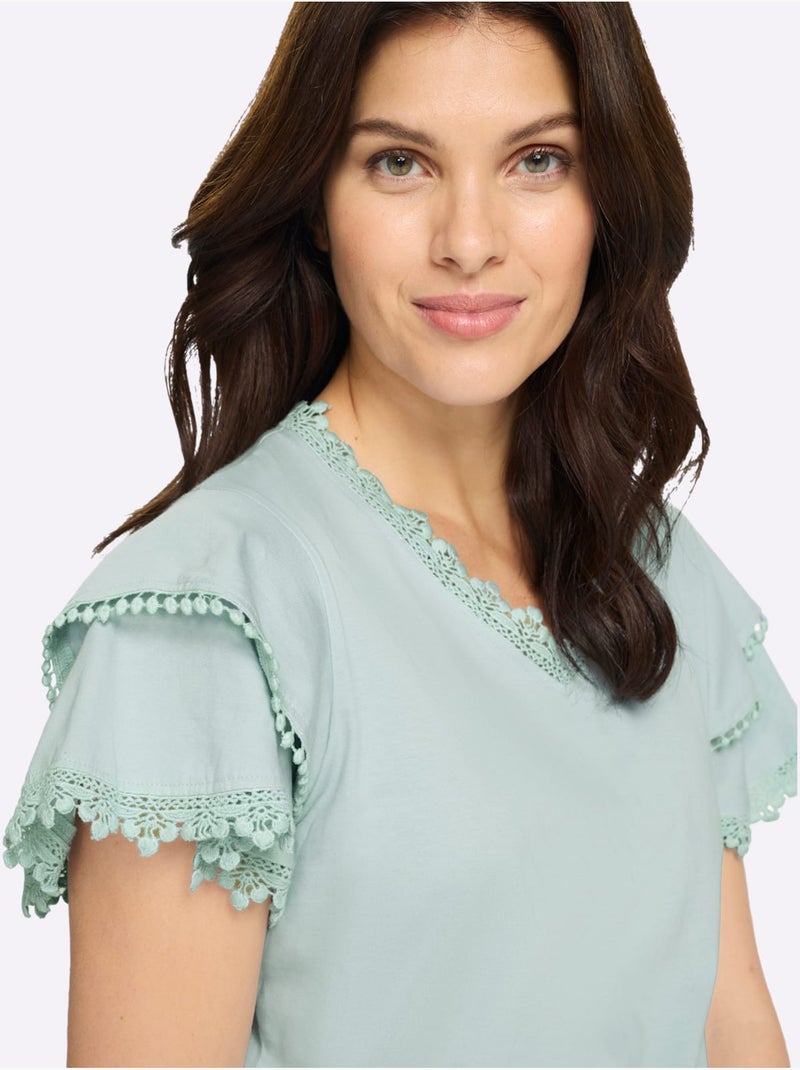 T-shirt à col V avec manches chauve-souris et dentelle - Taille standard - Moda Vilona Menthe - Kiabi