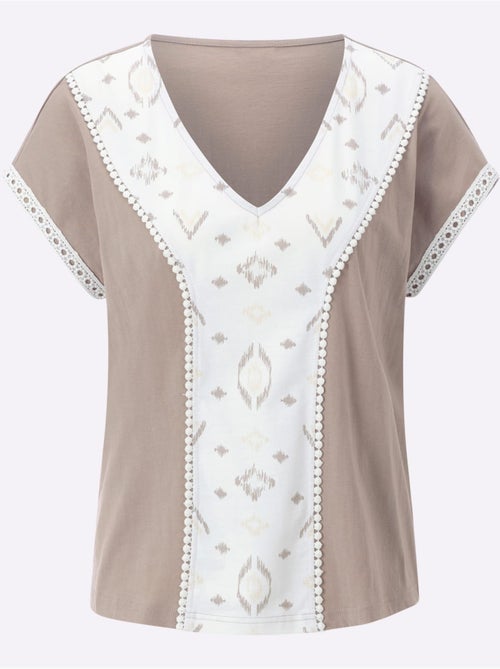 T-shirt à col V avec motif ethnique et finitions crochetées - Taille standard - Moda Vilona - Kiabi