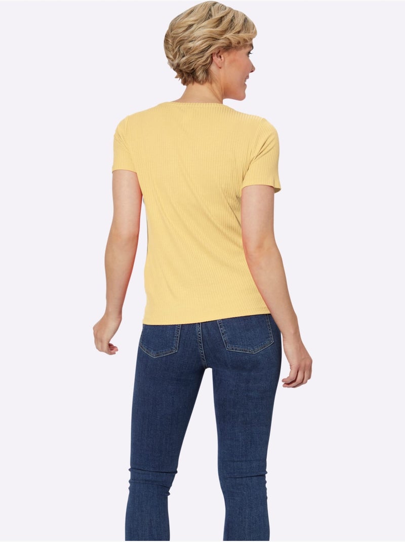 T-shirt à col V et manches courtes avec patte de boutonnage décorative - Taille standard - Witt Jaune citron - Kiabi