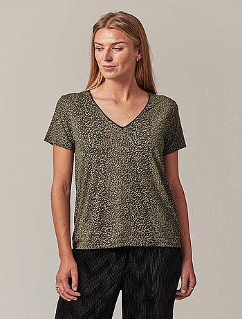 T-shirt à col V imprimé léopard 'Deeluxe'