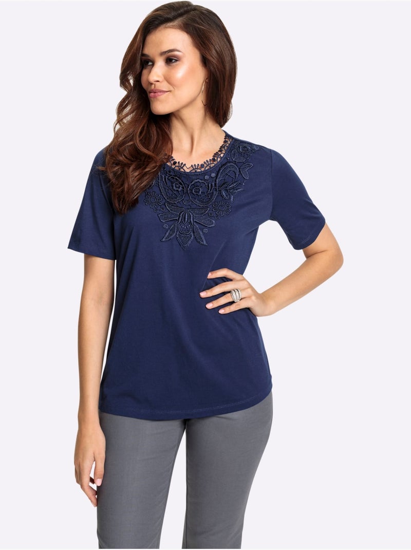 T shirt à empiècement dentelle sur l encolure et manches courtes - Taille standard - Witt Bleu marine - Kiabi