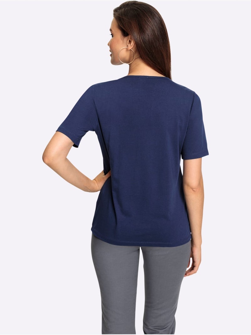 T shirt à empiècement dentelle sur l encolure et manches courtes - Taille standard - Witt Bleu marine - Kiabi