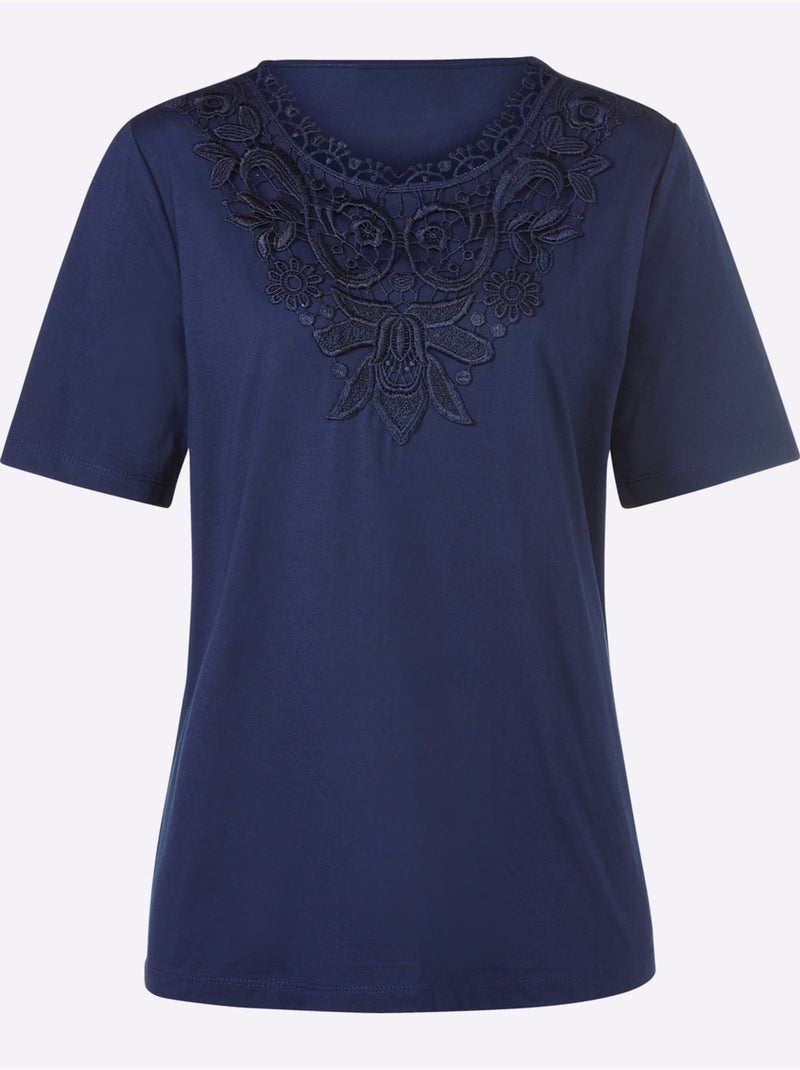 T shirt à empiècement dentelle sur l encolure et manches courtes - Taille standard - Witt Bleu marine - Kiabi