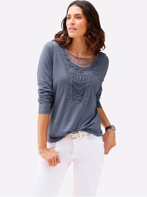 T-shirt à encolure en dentelle et manches longues avec ourlet arrondi - Taille standard - Witt - Kiabi