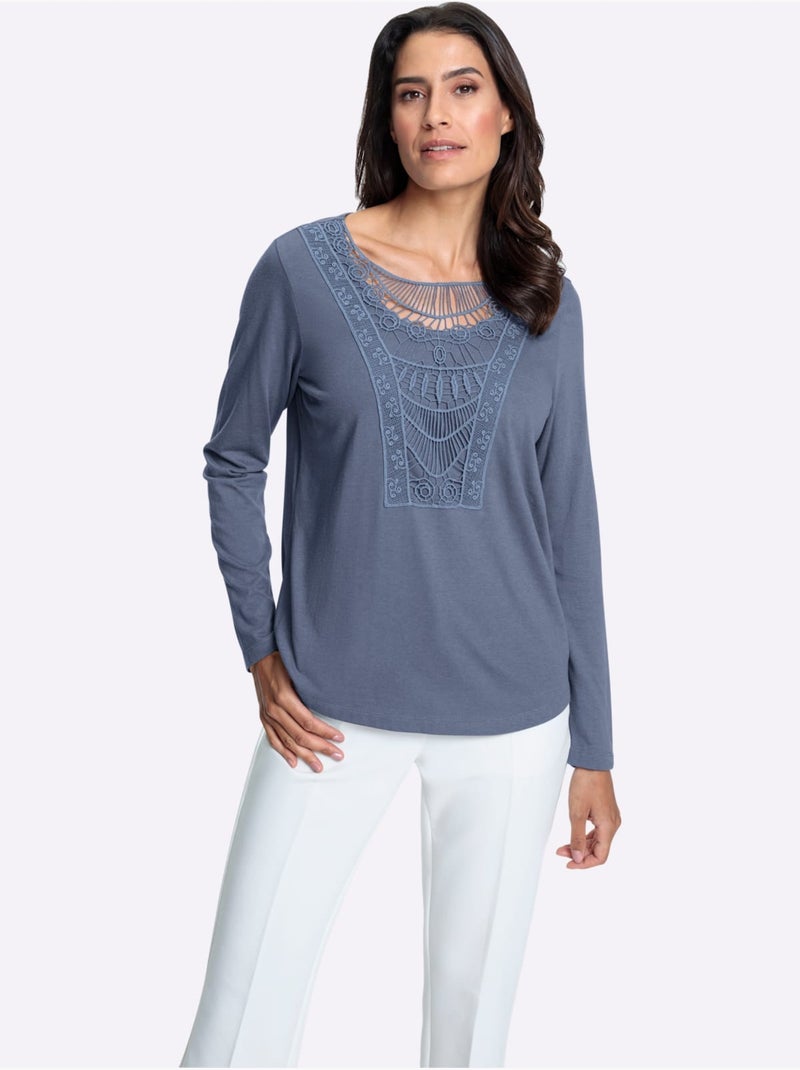 T-shirt à encolure en dentelle et manches longues avec ourlet arrondi - Taille standard - Witt Bleu gris - Kiabi