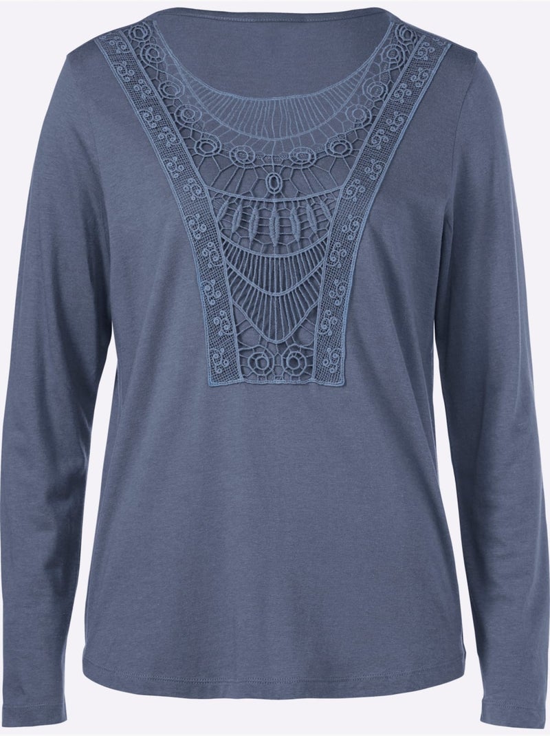 T-shirt à encolure en dentelle et manches longues avec ourlet arrondi - Taille standard - Witt Bleu gris - Kiabi