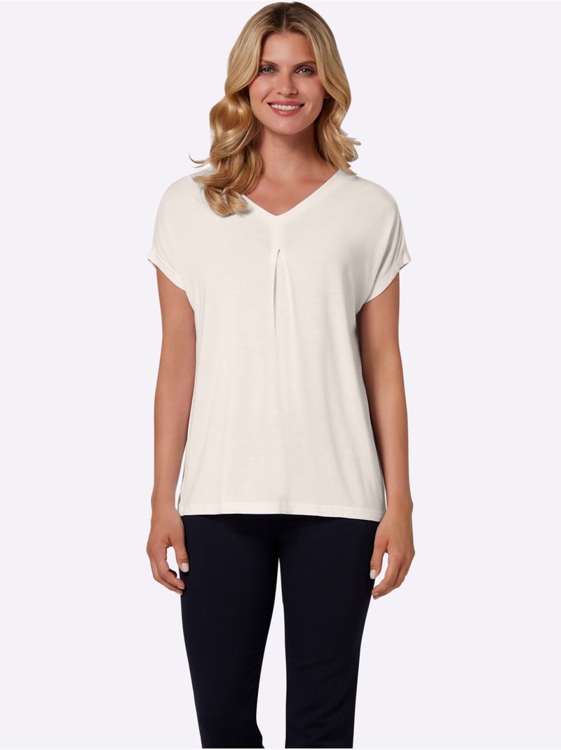 T-shirt à encolure en v avec mancherons et plis devant - taille standard - moda vilona Blanc - Kiabi