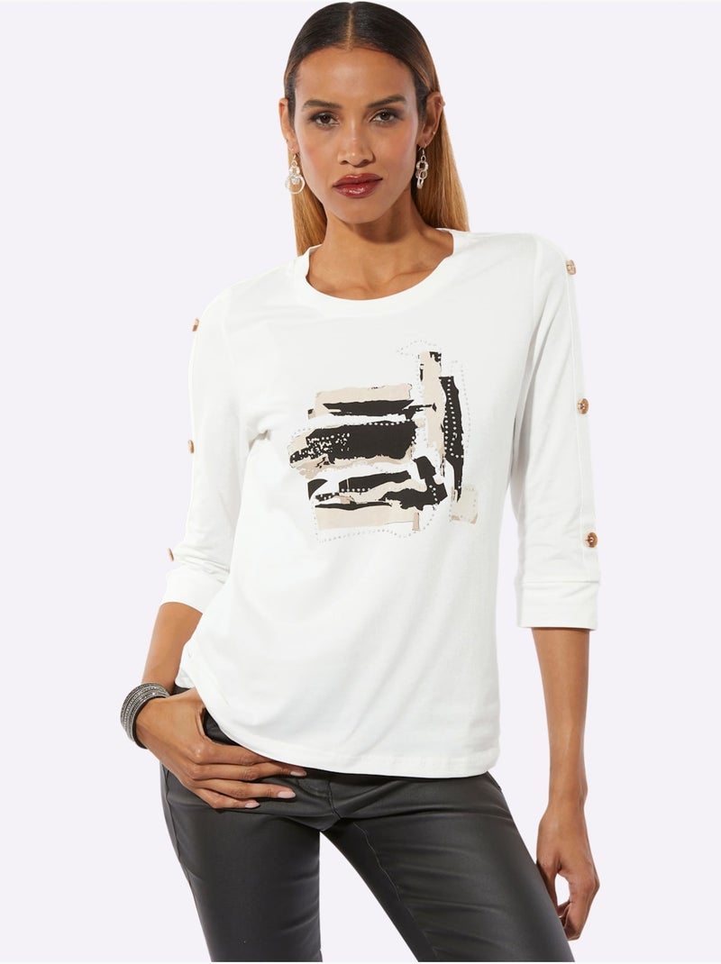 T-shirt à Encolure Ronde 95% Coton - Taille Standard - Helline Noir Ecru - Kiabi