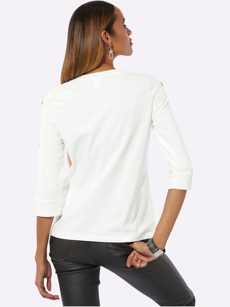 T-shirt à Encolure Ronde 95% Coton - Taille Standard - Helline Noir Ecru - Kiabi