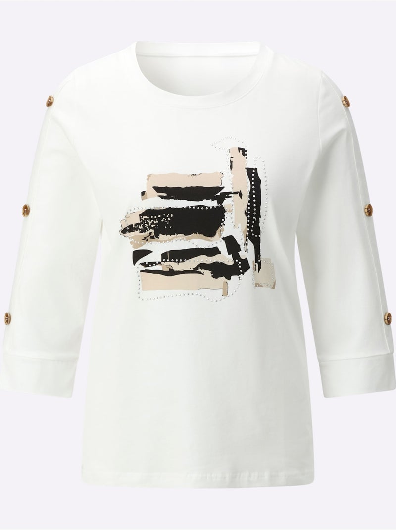 T-shirt à Encolure Ronde 95% Coton - Taille Standard - Helline Noir Ecru - Kiabi