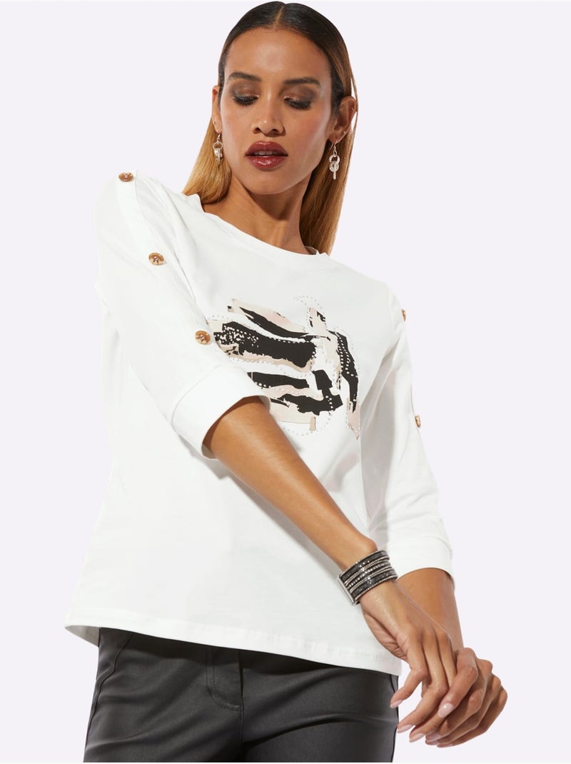 T-shirt à Encolure Ronde 95% Coton - Taille Standard - Helline Noir Ecru - Kiabi