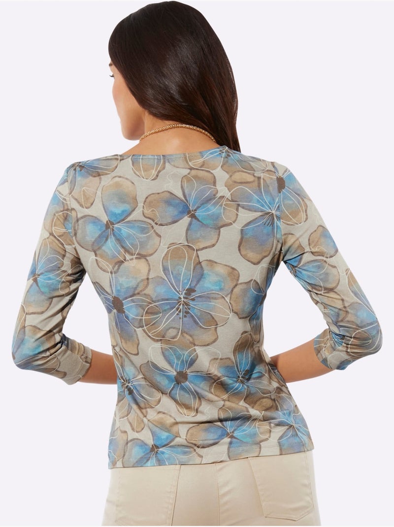 T-shirt à Encolure Ronde 95% Viscose (ecovero) - Taille Standard - Helline Bleu Beige - Kiabi