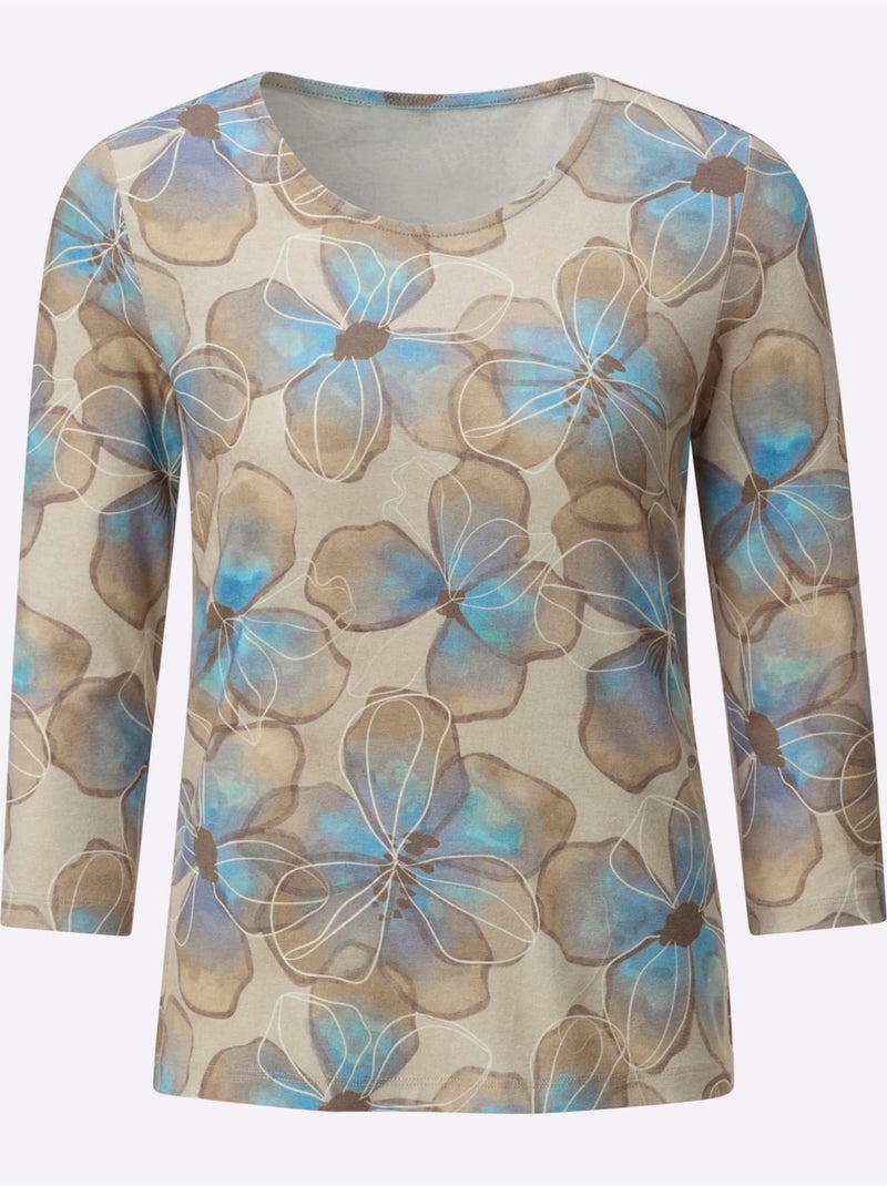 T-shirt à Encolure Ronde 95% Viscose (ecovero) - Taille Standard - Helline Bleu Beige - Kiabi