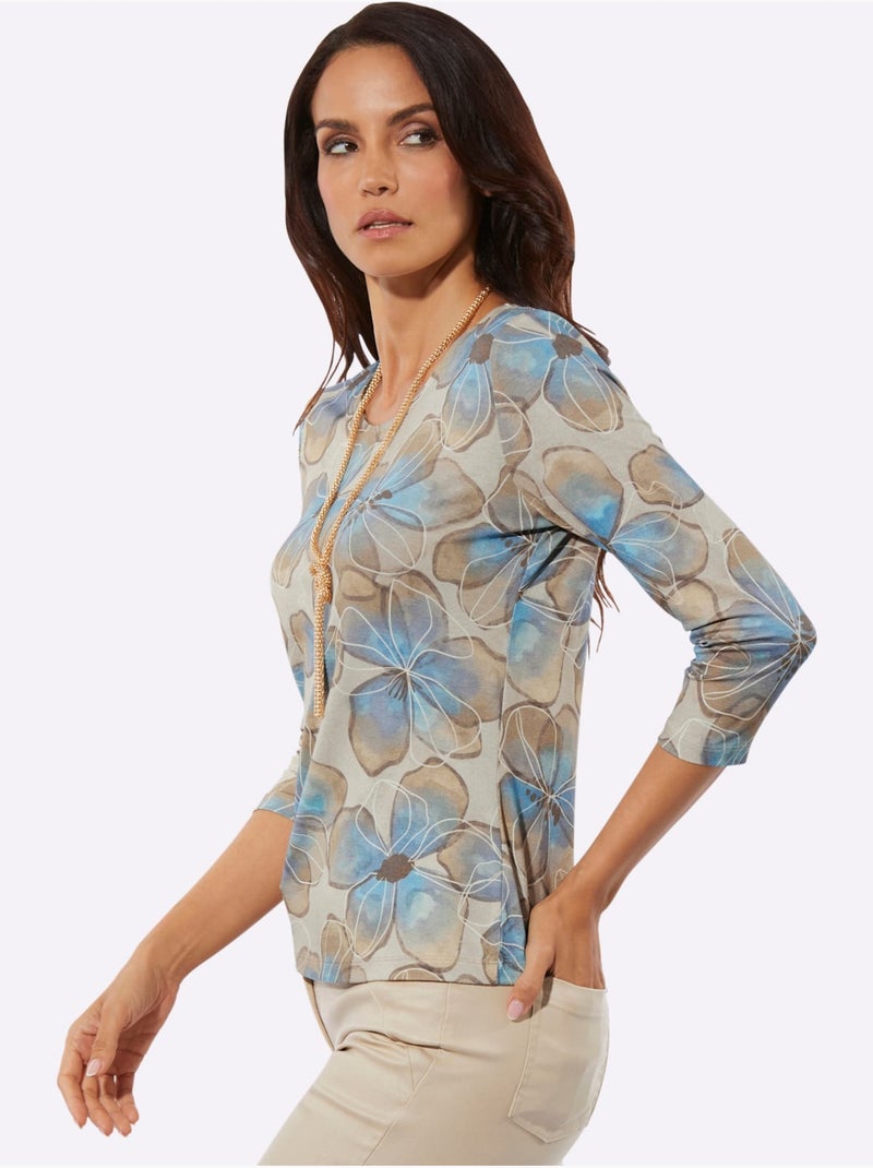 T-shirt à Encolure Ronde 95% Viscose (ecovero) - Taille Standard - Helline Bleu Beige - Kiabi