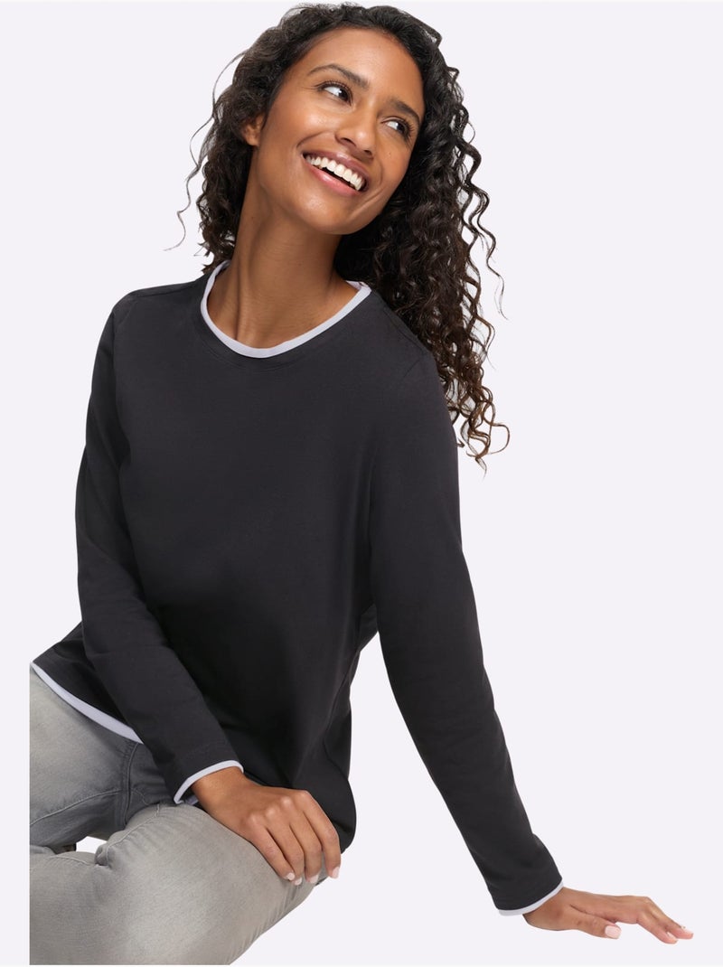 T-shirt à encolure ronde aspect 2 en 1 - taille standard - helline Noir Blanc - Kiabi