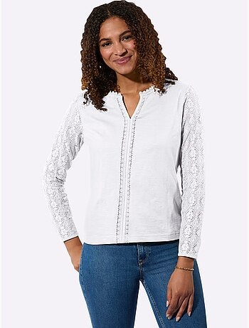 T-shirt en coton avec col V et manches longues en dentelle - Taille standard - Witt