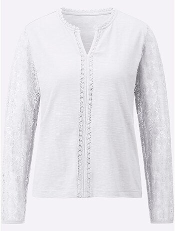 T-shirt en coton avec col V et manches longues en dentelle - Taille standard - Witt