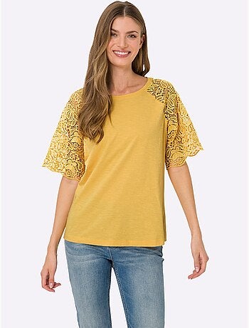 T-shirt à encolure ronde avec manches en dentelle transparente - taille standard - helline