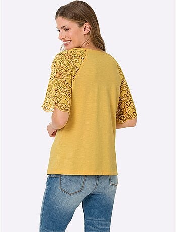 T-shirt à encolure ronde avec manches en dentelle transparente - taille standard - helline