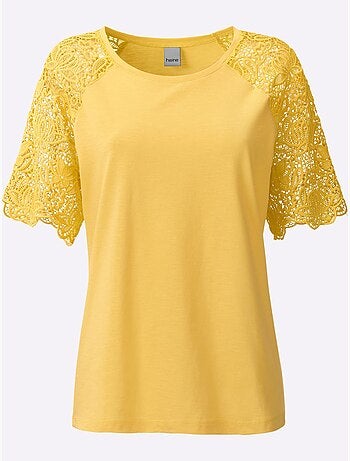 T-shirt à encolure ronde avec manches en dentelle transparente - taille standard - helline