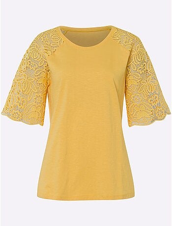 T-shirt à encolure ronde avec manches en dentelle transparente - taille standard - helline