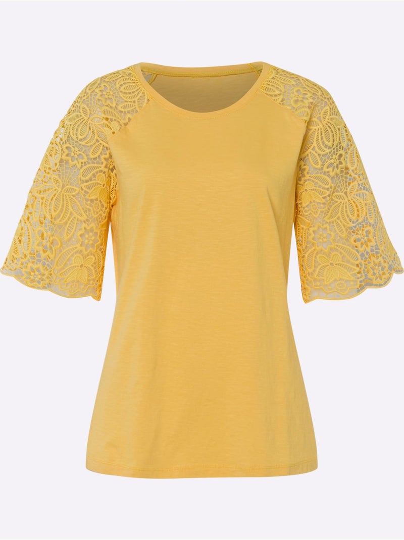 T-shirt à encolure ronde avec dentelle sur les manches - Taille standard - Helline Jaune - Kiabi
