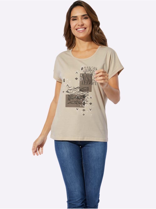 T-shirt à encolure ronde avec imprimé ethnique et mancherons - Taille standard - Moda Vilona - Kiabi
