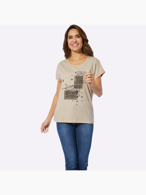 T-shirt à encolure ronde avec imprimé ethnique et mancherons - Taille standard - Moda Vilona - Kiabi
