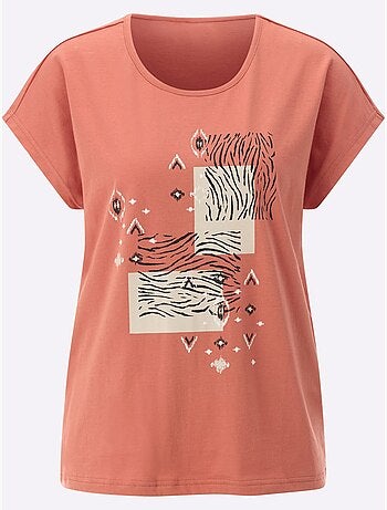 T-shirt à encolure ronde avec imprimé ethnique et mancherons - Taille standard - Moda Vilona
