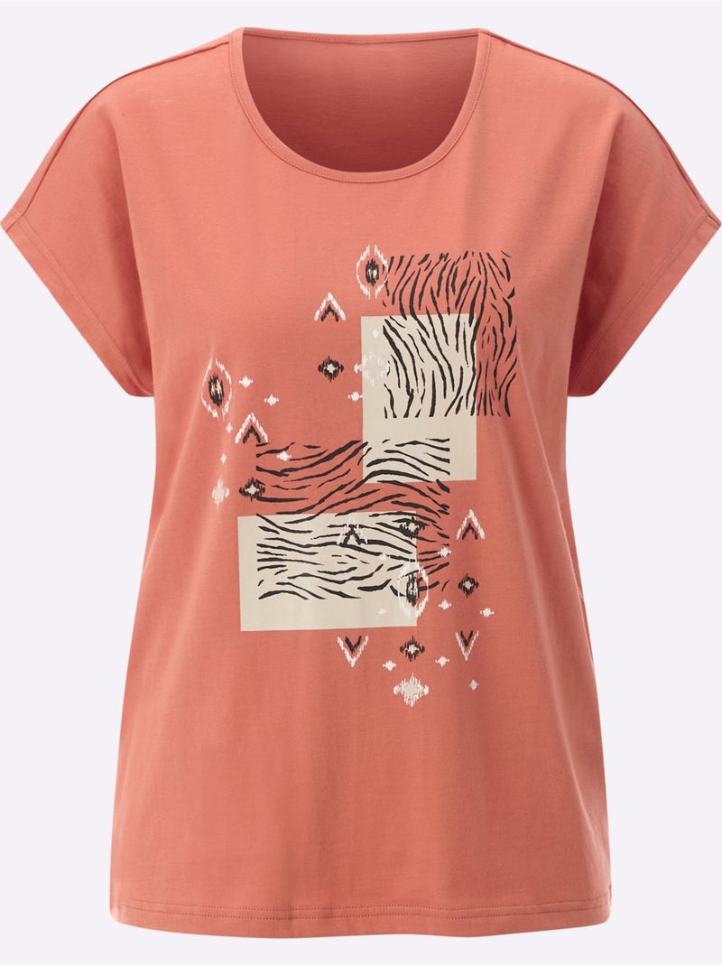 T-shirt à encolure ronde avec imprimé ethnique et mancherons - Taille standard - Moda Vilona Noir Orange Noir - Kiabi