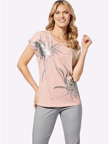 T-shirt à encolure ronde avec imprimé floral et mancherons - taille standard - moda vilona