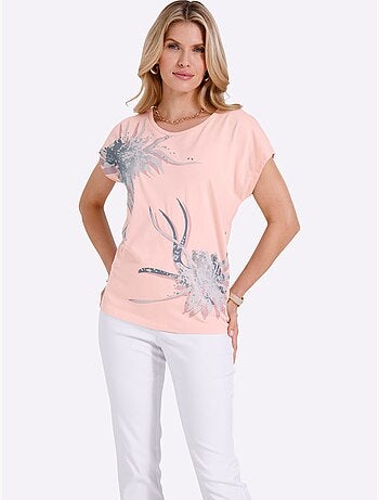 T-shirt à encolure ronde avec imprimé floral et mancherons - taille standard - moda vilona