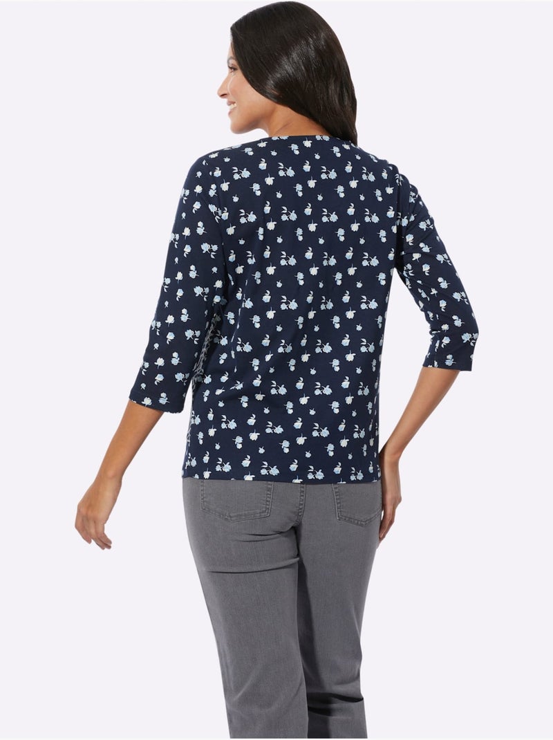 T-shirt à encolure ronde avec imprimé floral et manches 3/4 - taille standard - moda vilona Bleu Blanc - Kiabi