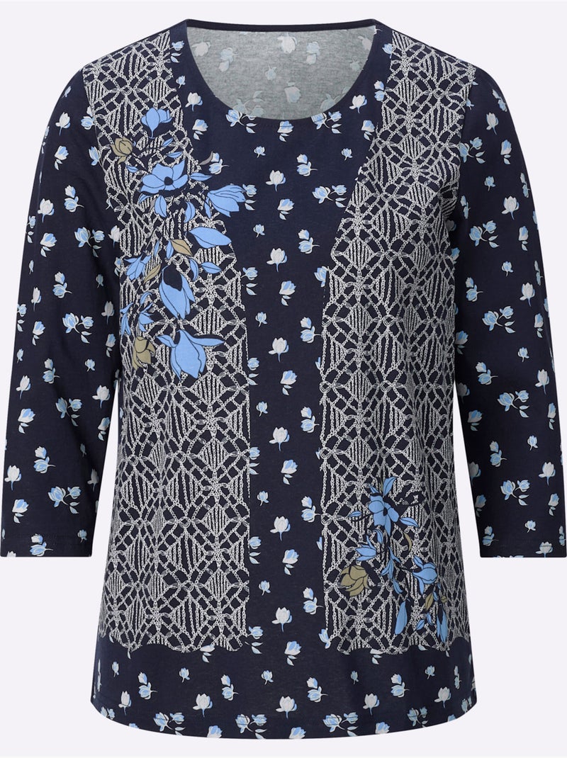 T-shirt à encolure ronde avec imprimé floral et manches 3/4 - taille standard - moda vilona Bleu Blanc - Kiabi