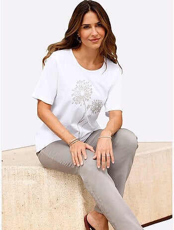 T-shirt à encolure ronde avec imprimé floral et manches courtes - Taille standard - Moda Vilona