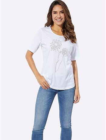 T-shirt à encolure ronde avec imprimé floral et manches courtes - Taille standard - Moda Vilona