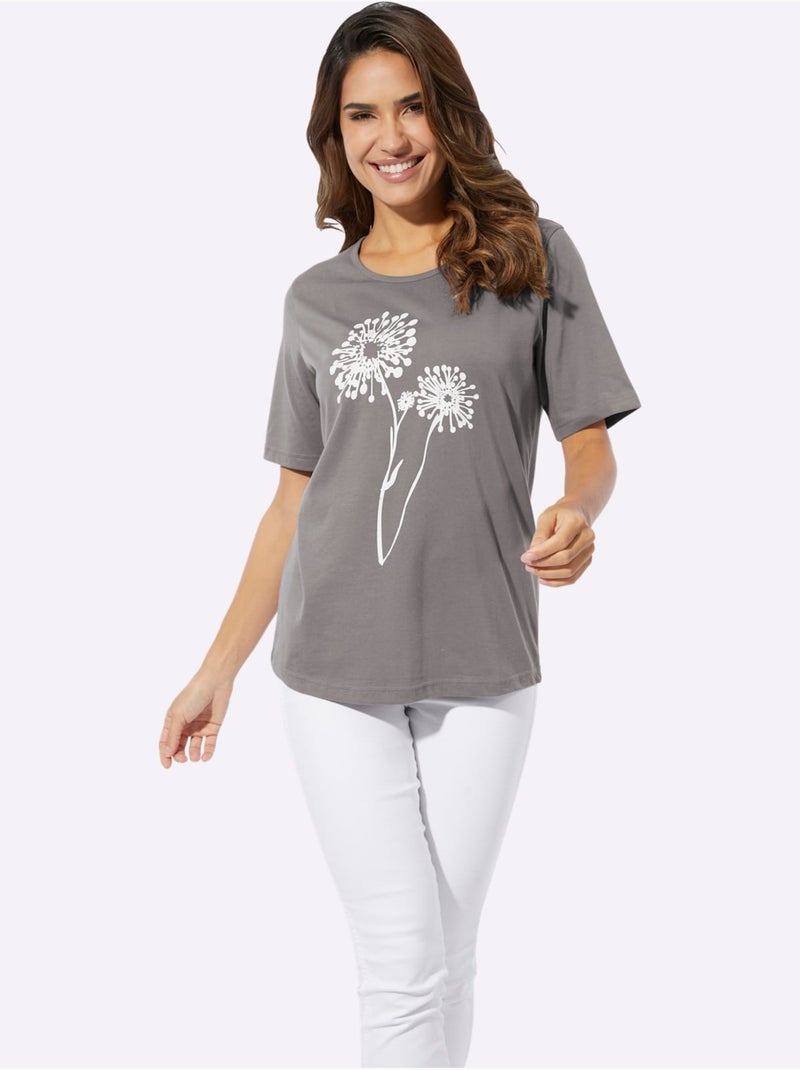 T-shirt à encolure ronde avec imprimé floral et manches courtes - Taille standard - Moda Vilona Gris Multicolore - Kiabi