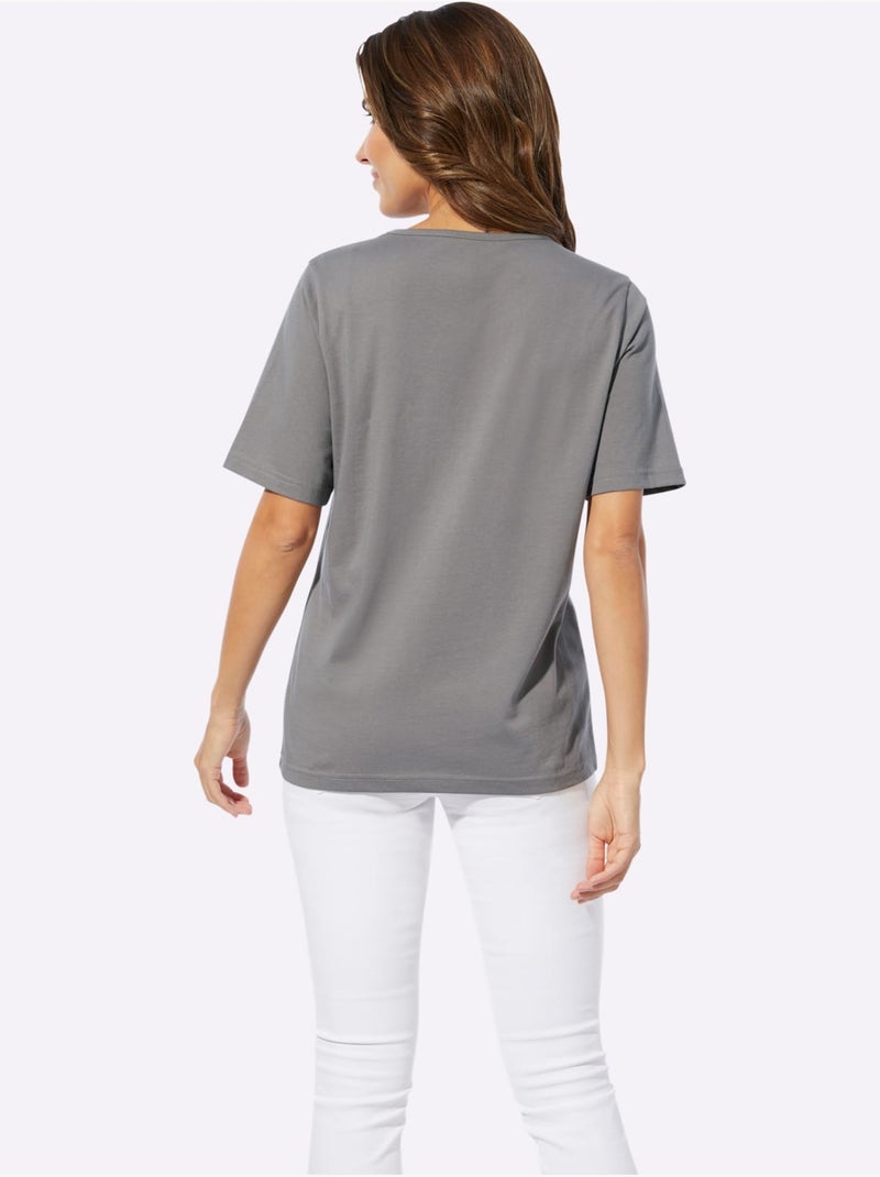 T-shirt à encolure ronde avec imprimé floral et manches courtes - Taille standard - Moda Vilona Gris Multicolore - Kiabi