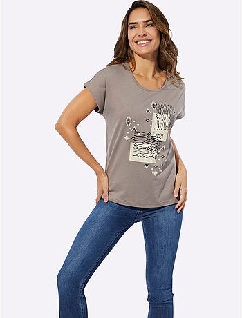 T-shirt à encolure ronde avec imprimé ethnique et mancherons - Taille standard - Moda Vilona