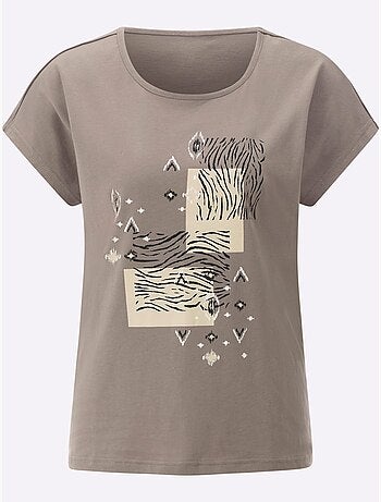 T-shirt à encolure ronde avec imprimé ethnique et mancherons - Taille standard - Moda Vilona
